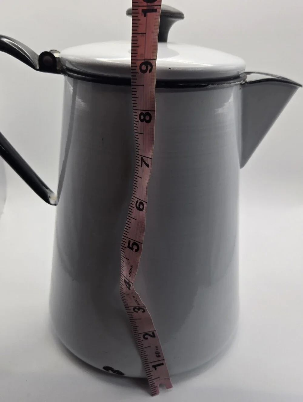 Vintage Enamel Coated Metal Cowboy Coffee Pot In Black And White